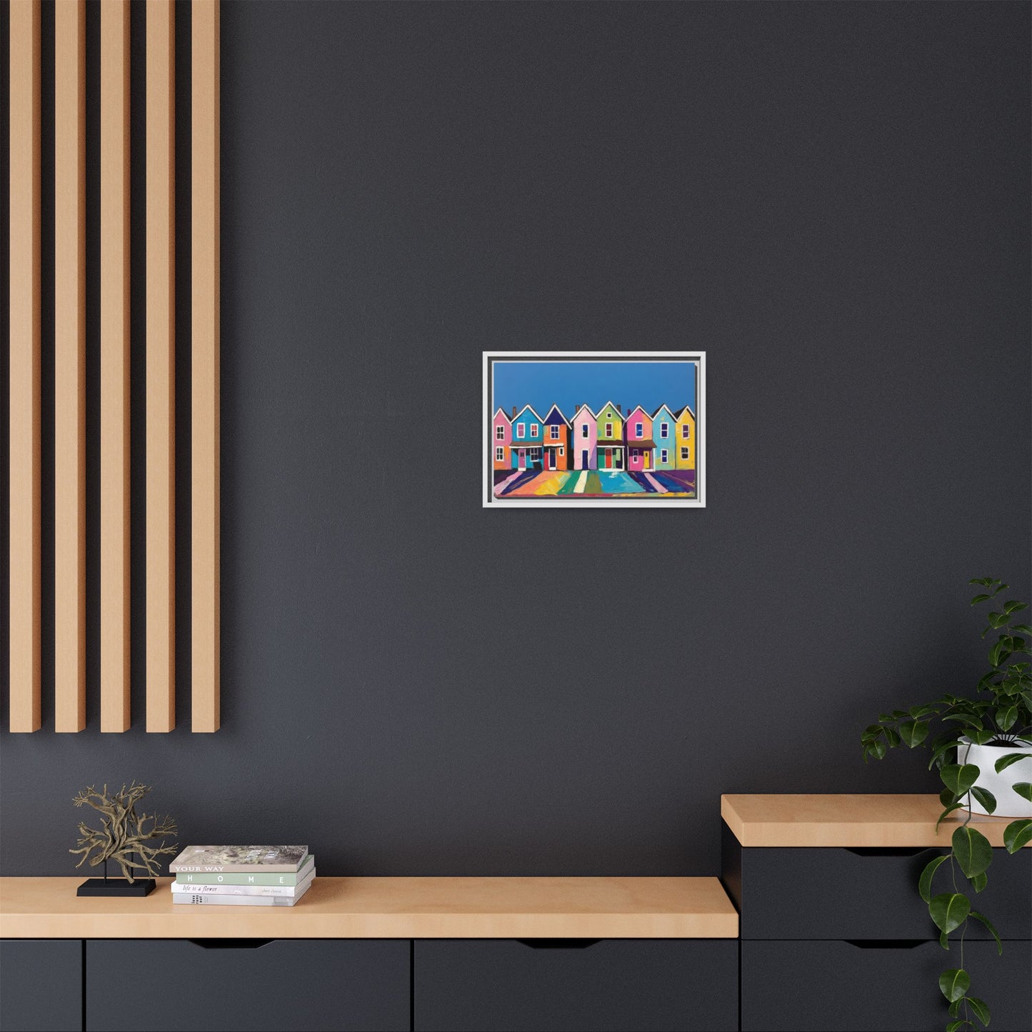 Colorful Beach Houses Matte Canvas Framed Wall Art