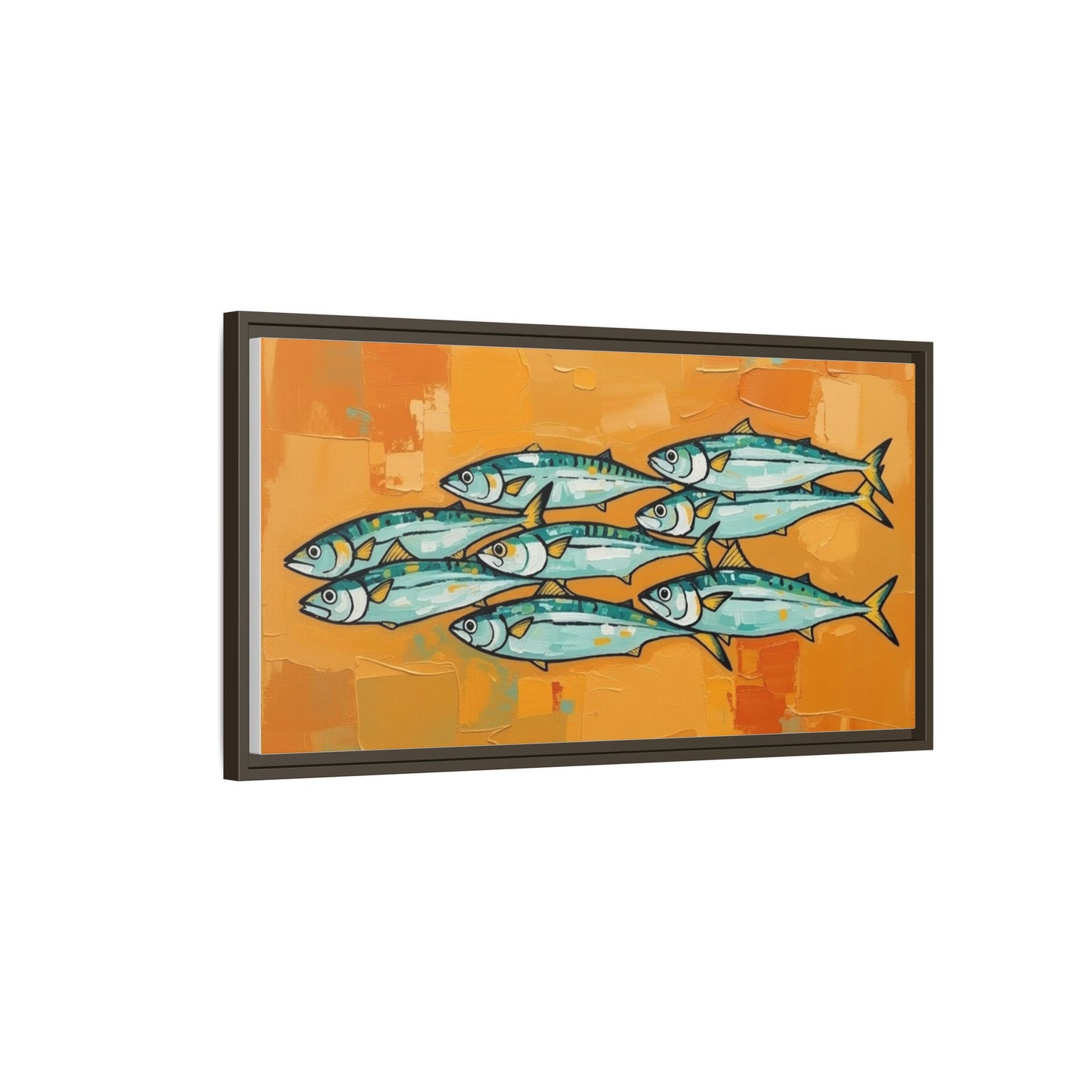 Framed Matte Canvas Print — School of Blue Fish on Orange Abstract Background