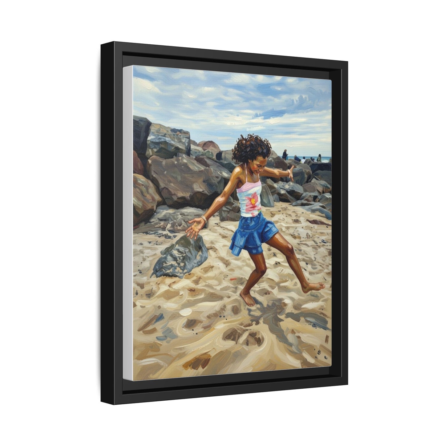 Framed Canvas Art - Girl Dancing on the Beach (Matte Multi-Color)