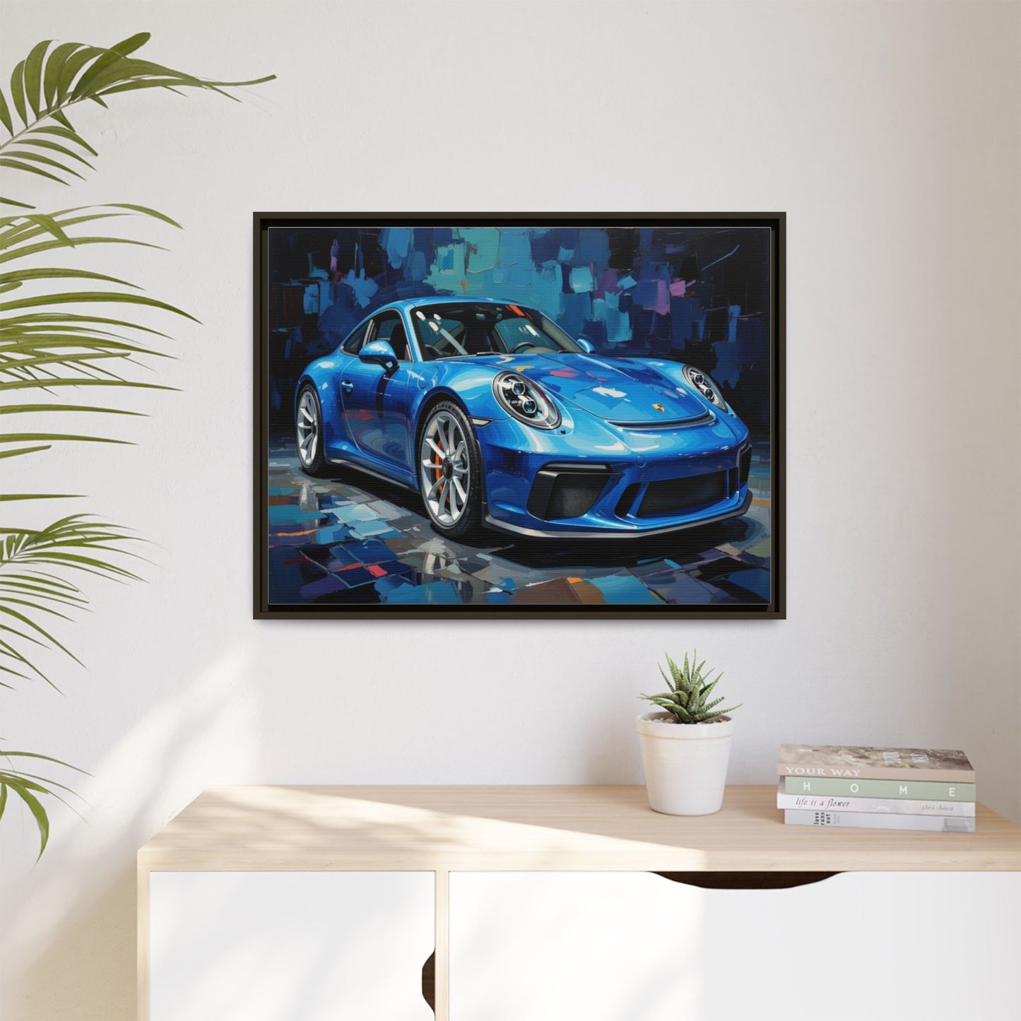 Blue Sports Car Matte Canvas Framed Print — Modern Automotive Wall Art