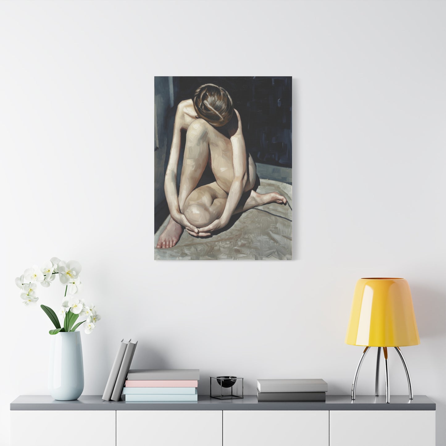 Figurative Nude Art Canvas Print — Contemplative Female Figure Matte Stretched