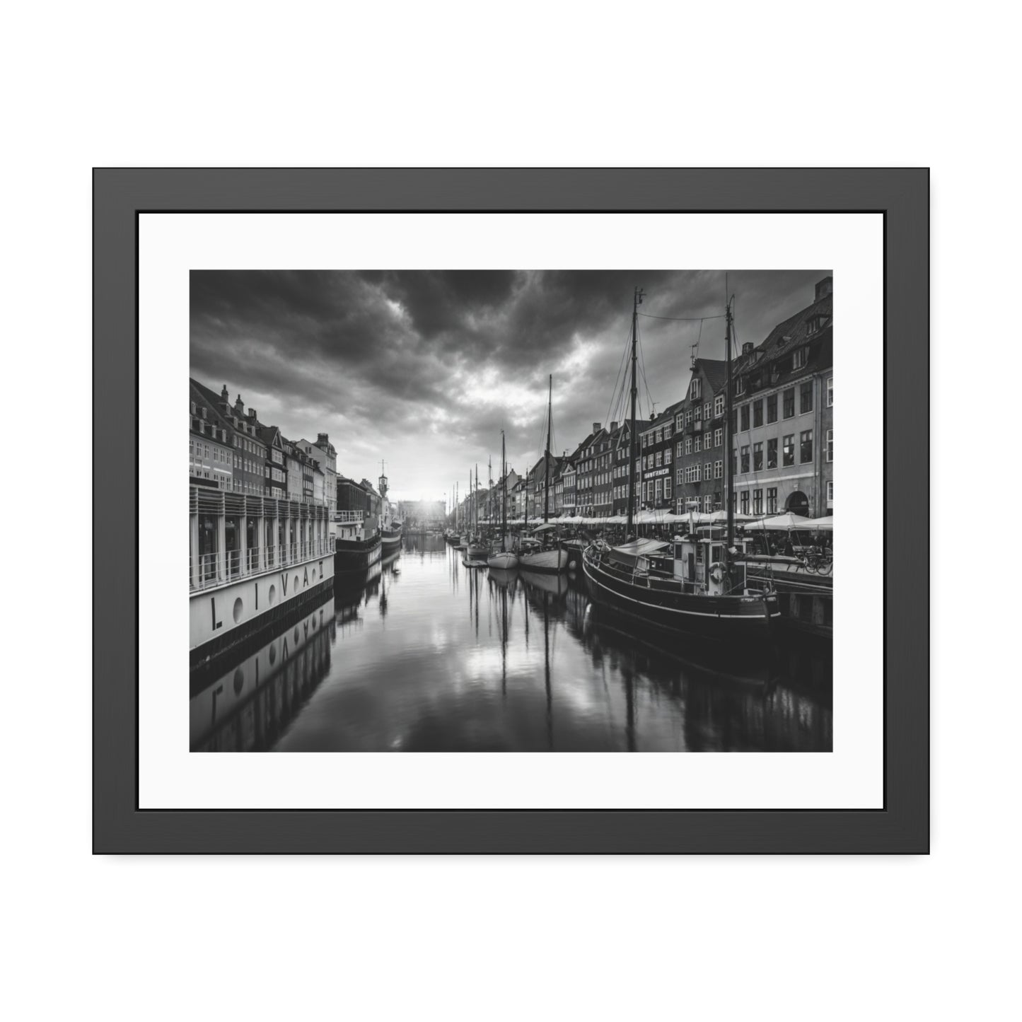 Black & White Dutch Canal Framed Photo Print — Nautical Cityscape Wall Art