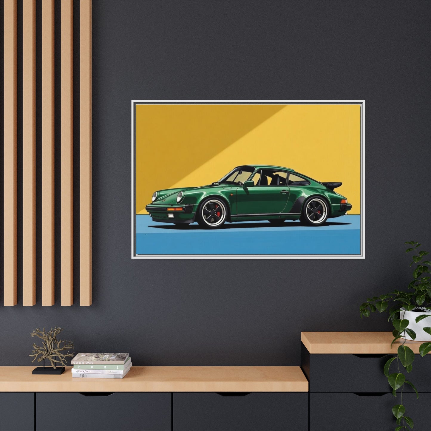 Framed Matte Canvas — Green Sports Car Wall Art