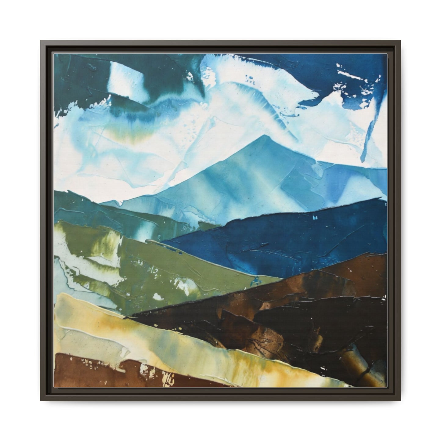 Framed Abstract Mountain Canvas Art — Blue & Earthtone Landscape Print
