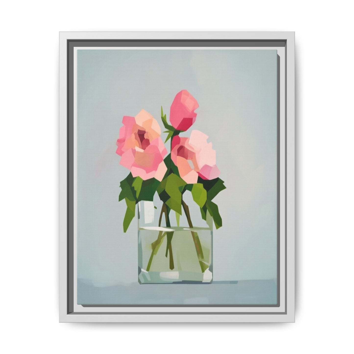 Framed Floral Canvas Print — Pink Roses in Glass Vase (Matte)