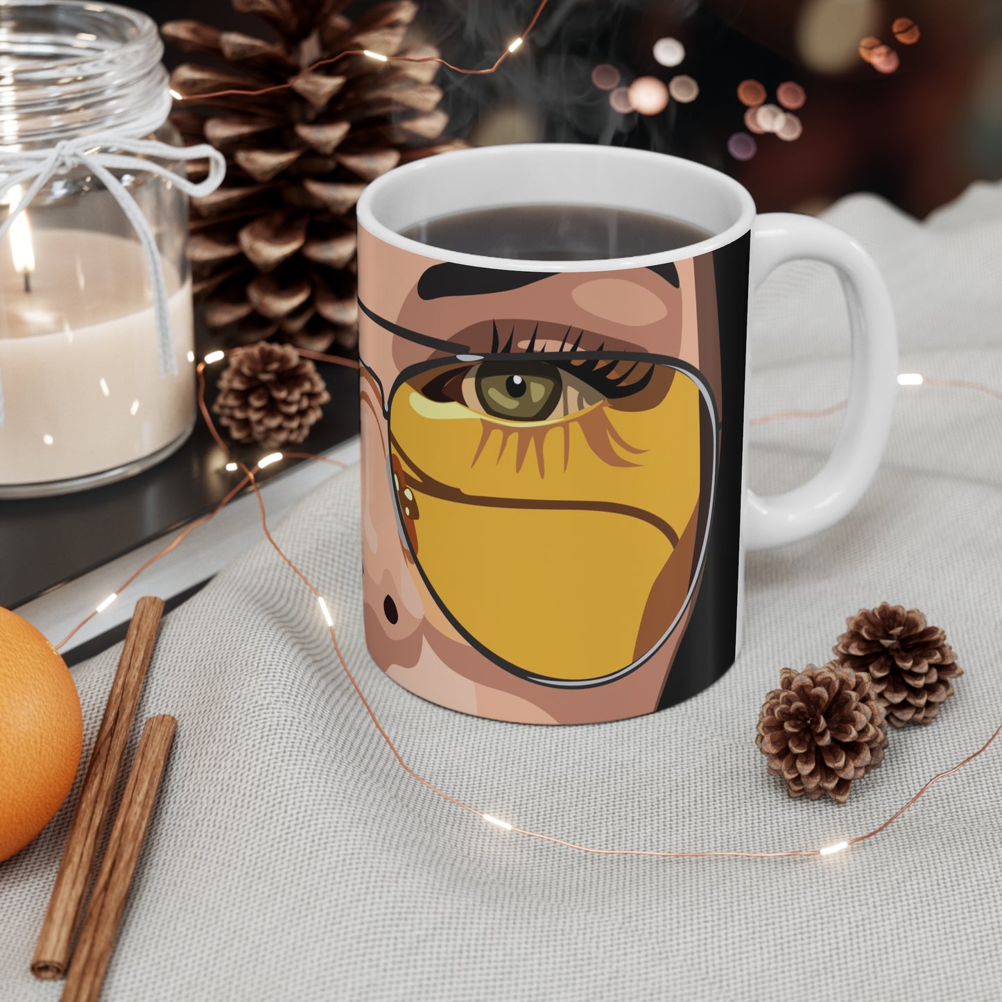 11oz Mug — Retro Yellow Aviator Sunglasses Face Art Coffee Cup