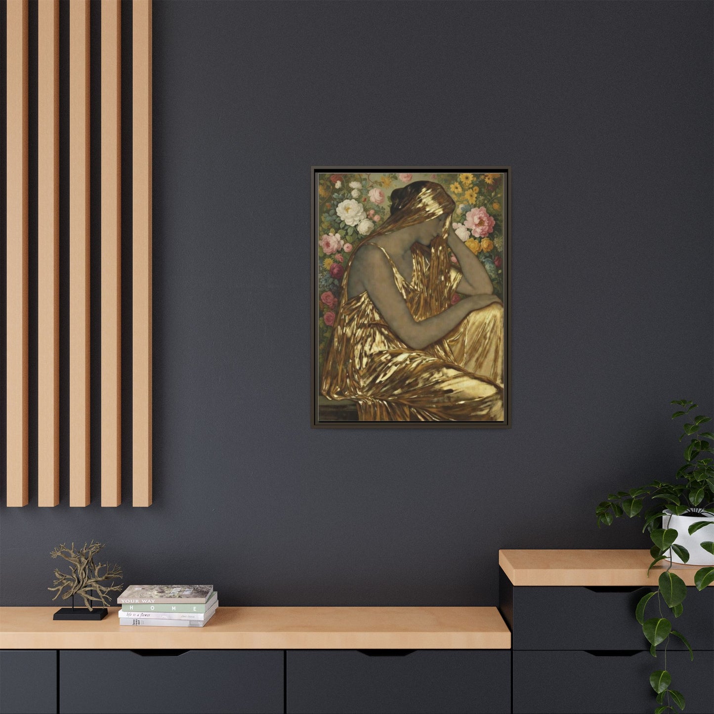 Framed Canvas Art Print — Golden Muse Woman with Floral Background