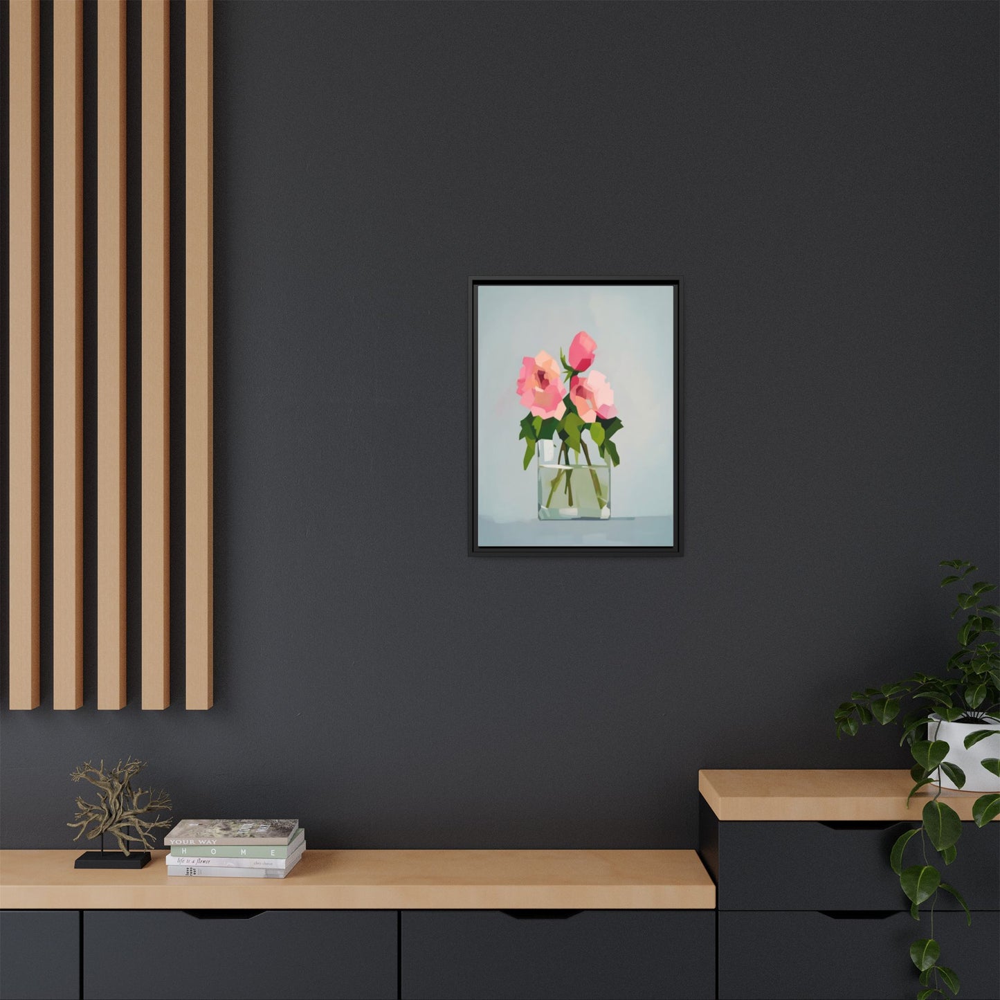 Framed Floral Canvas Print — Pink Roses in Glass Vase (Matte)