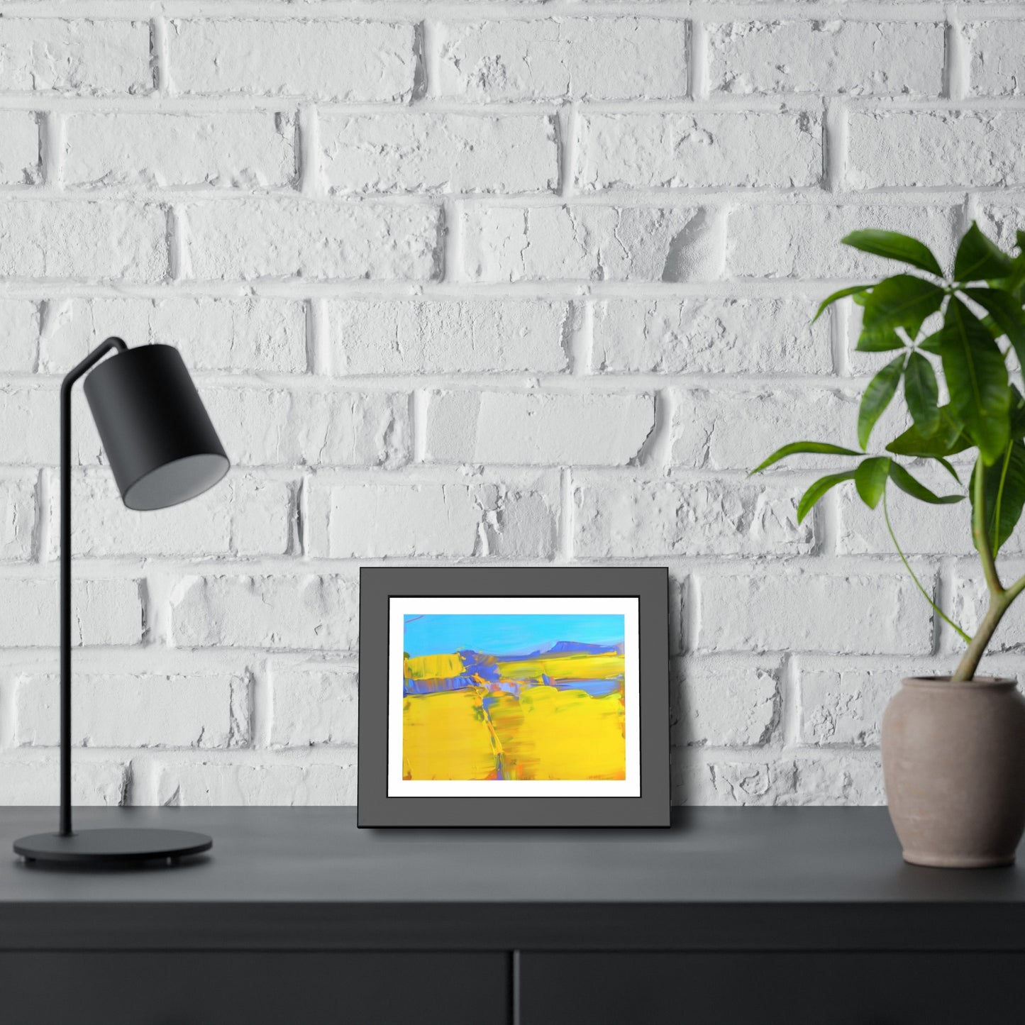 Abstract Sunshine Landscape Framed Poster  Bright Yellow Blue Modern Wall Art