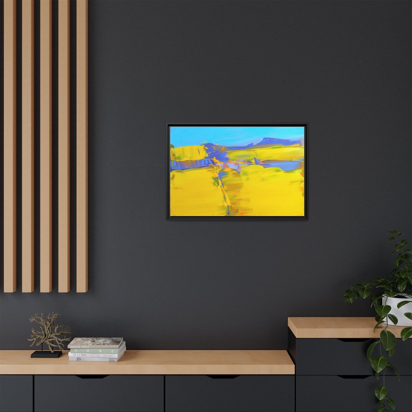 Framed Matte Canvas  Vibrant Yellow Blue Abstract Landscape Art
