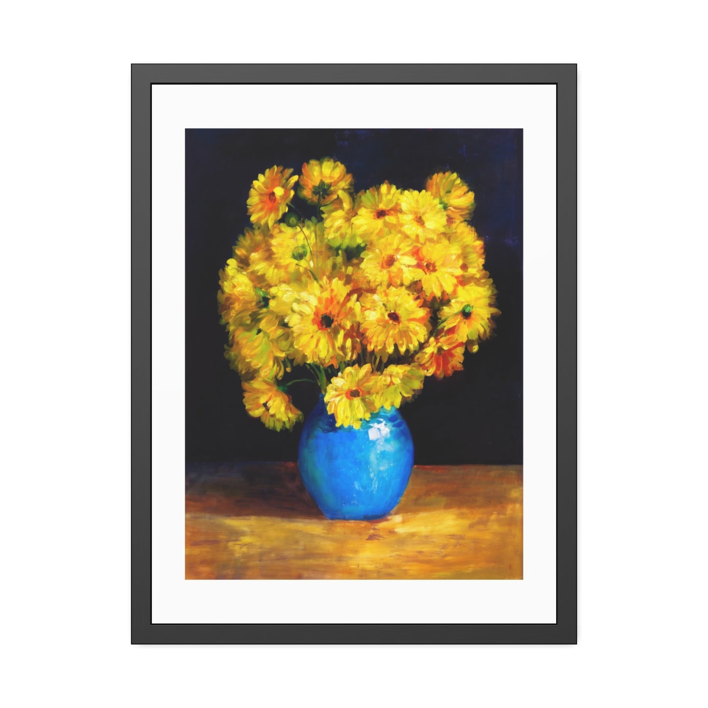 Framed Art Print — Yellow Daisy Bouquet in Blue Vase