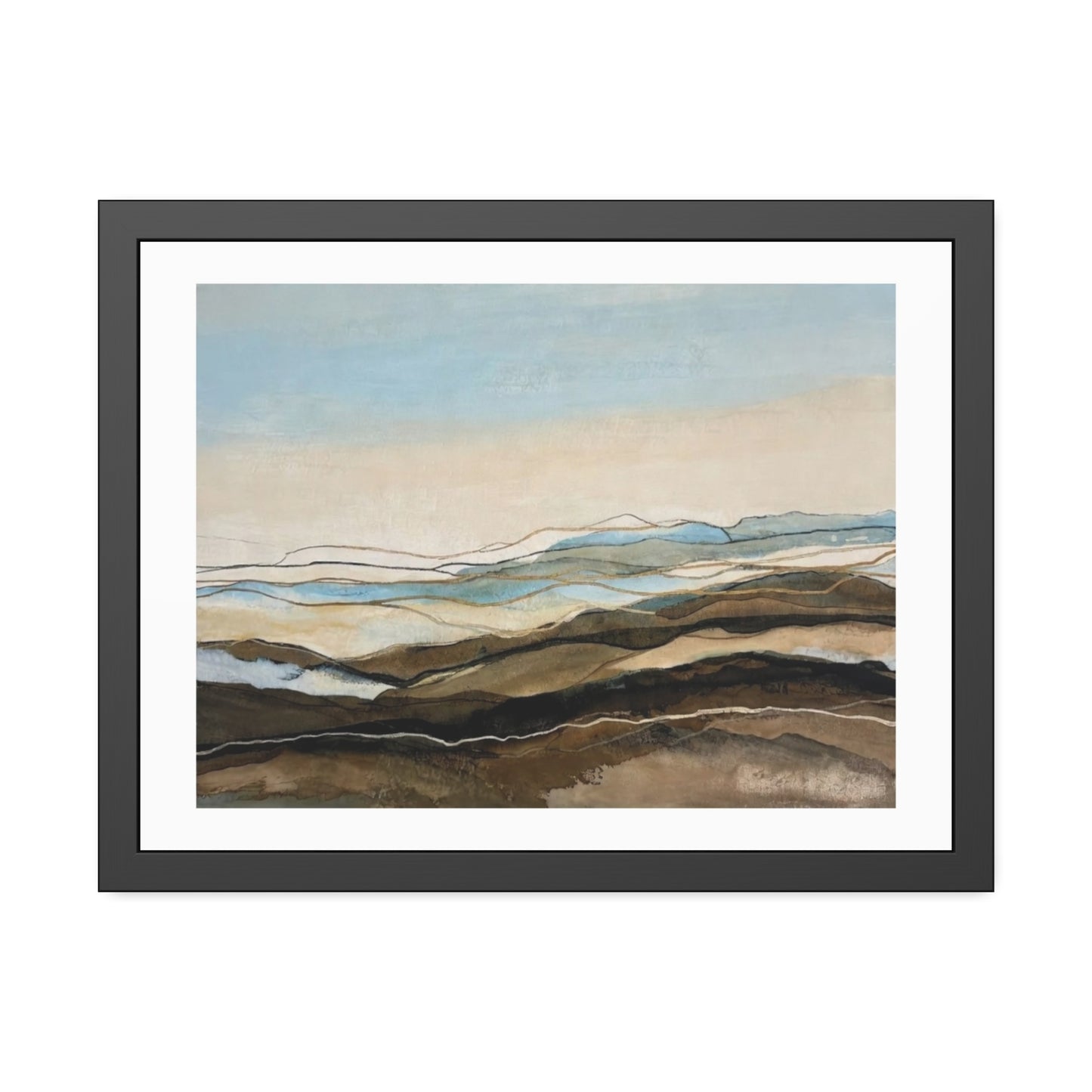 Coastal Abstract Landscape Framed Poster — Serene Blue & Earthtone Wall Art