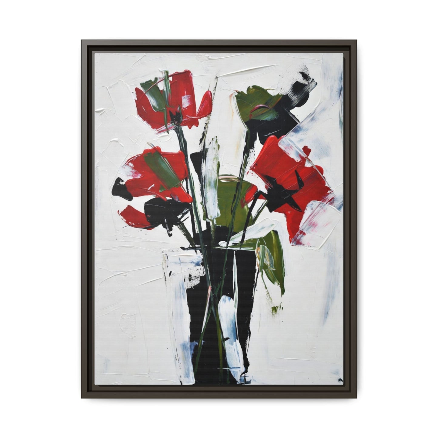 Framed Abstract Floral Canvas Print — Red Poppies in Black Vase