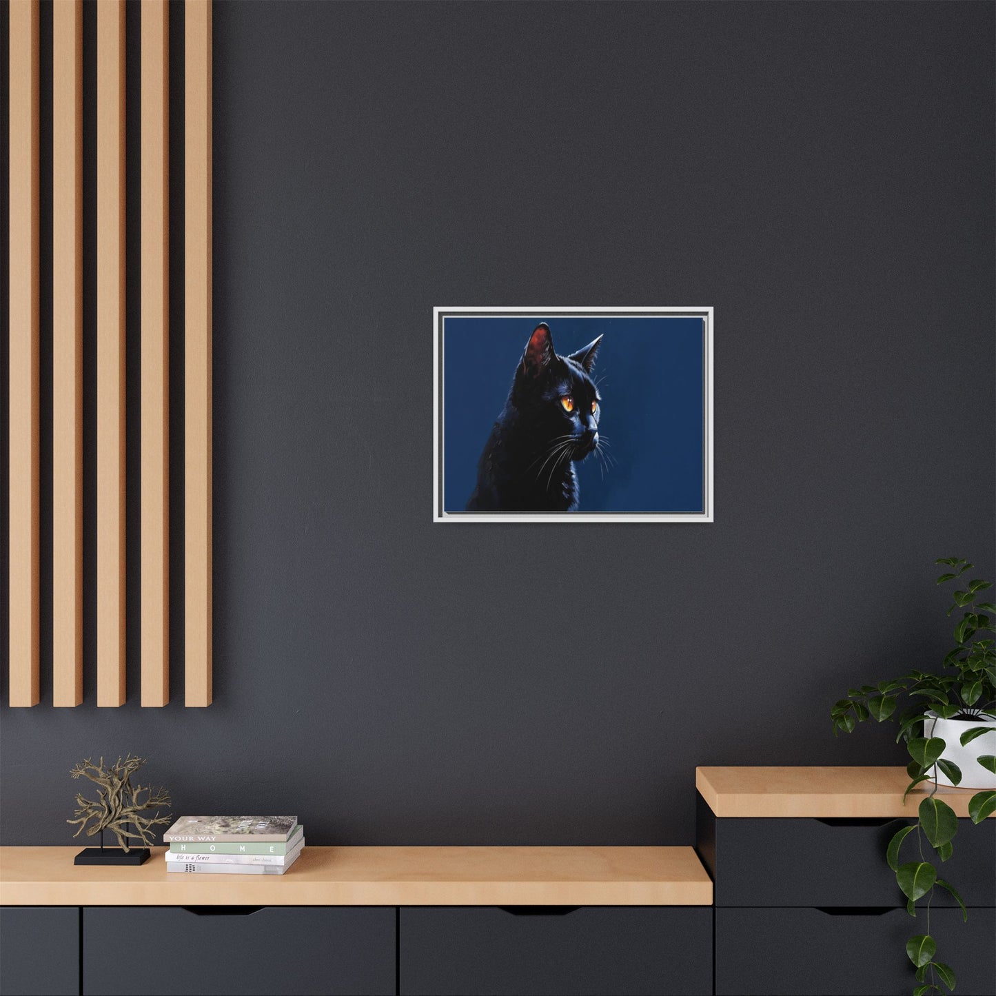 Black Cat Portrait Matte Canvas Framed Wall Art — Dramatic Feline Photo Print