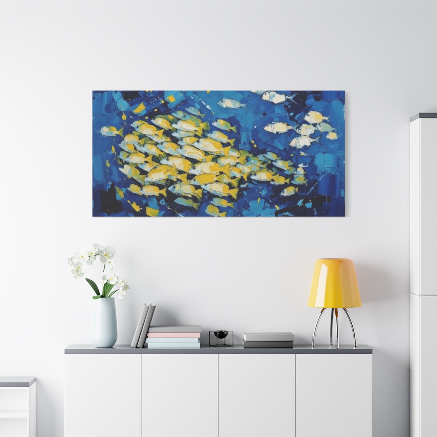 Canvas Wall Art - Blue School of Fish Matte Stretched Canvas