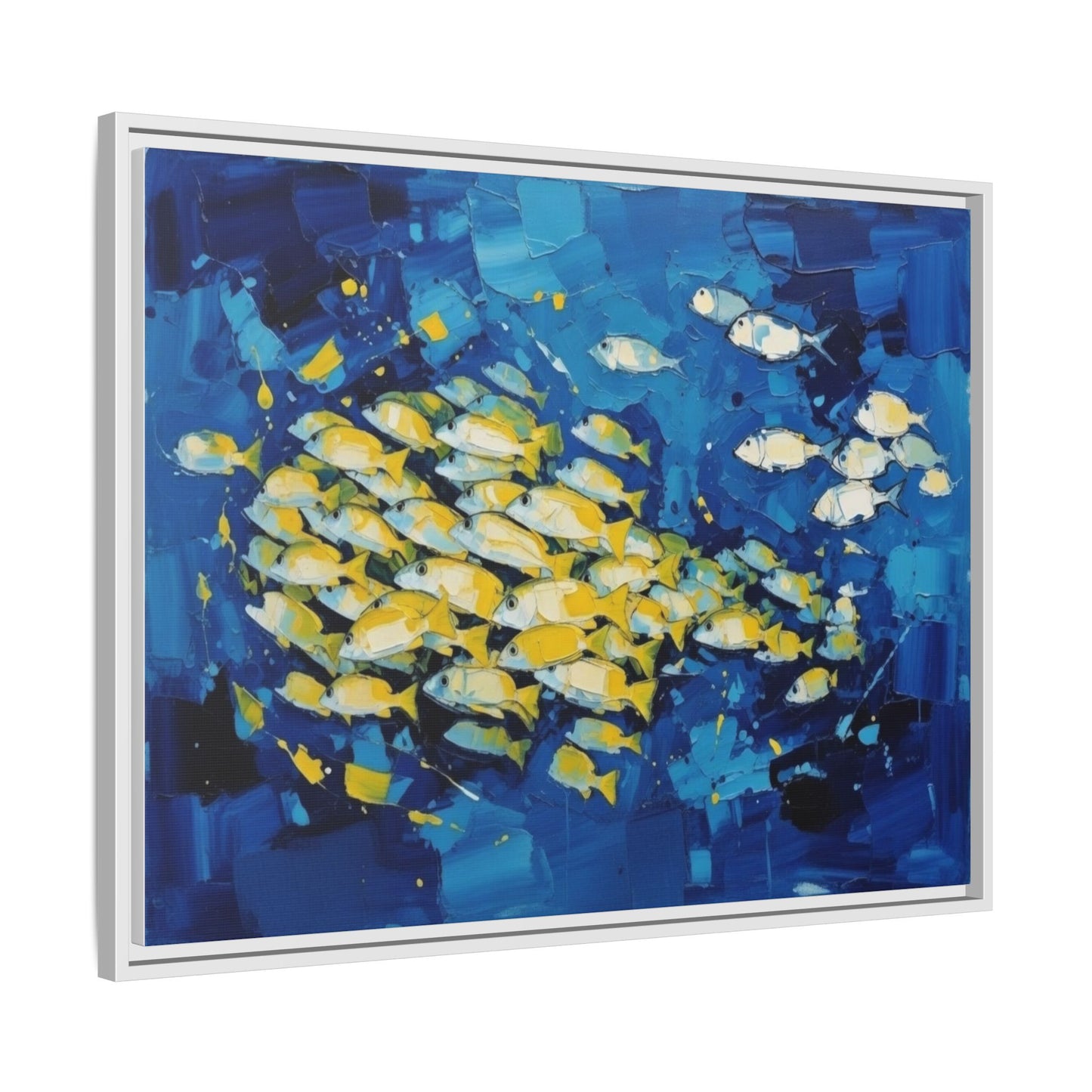 Framed Matte Canvas: Blue School of Fish Wall Art
