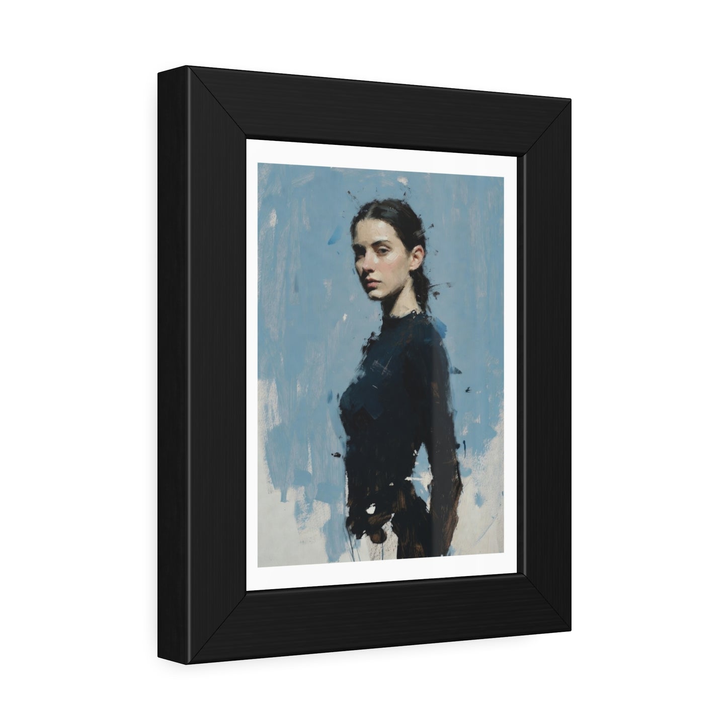 Framed Art Print — Moody Portrait with Blue Painterly Background