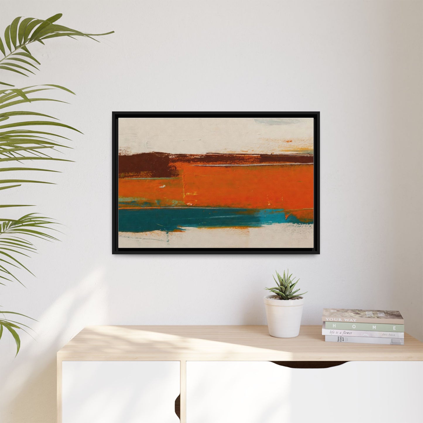 Abstract Horizon Matte Canvas Framed Print — Modern Orange Teal Wall Art