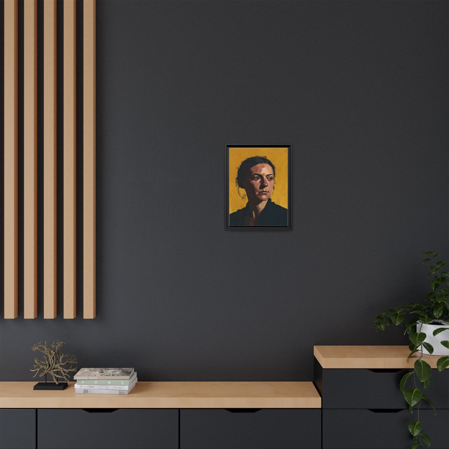 Framed Matte Canvas Portrait Art — Moody Woman on Mustard Background