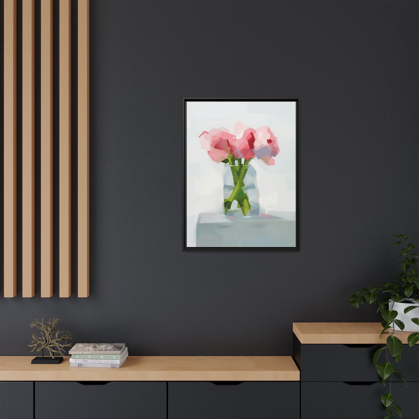 Framed Floral Canvas Art — Pink Peonies in Vase (Matte)