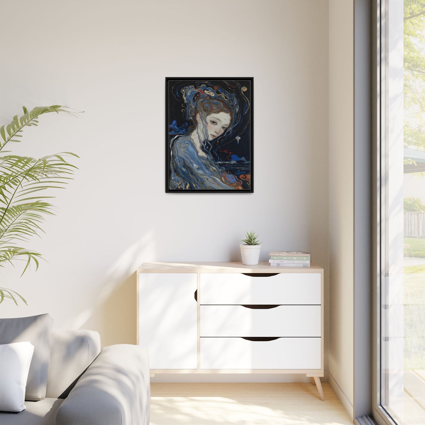 Framed Matte Canvas Art Print — Surreal Blue Maiden Portrait