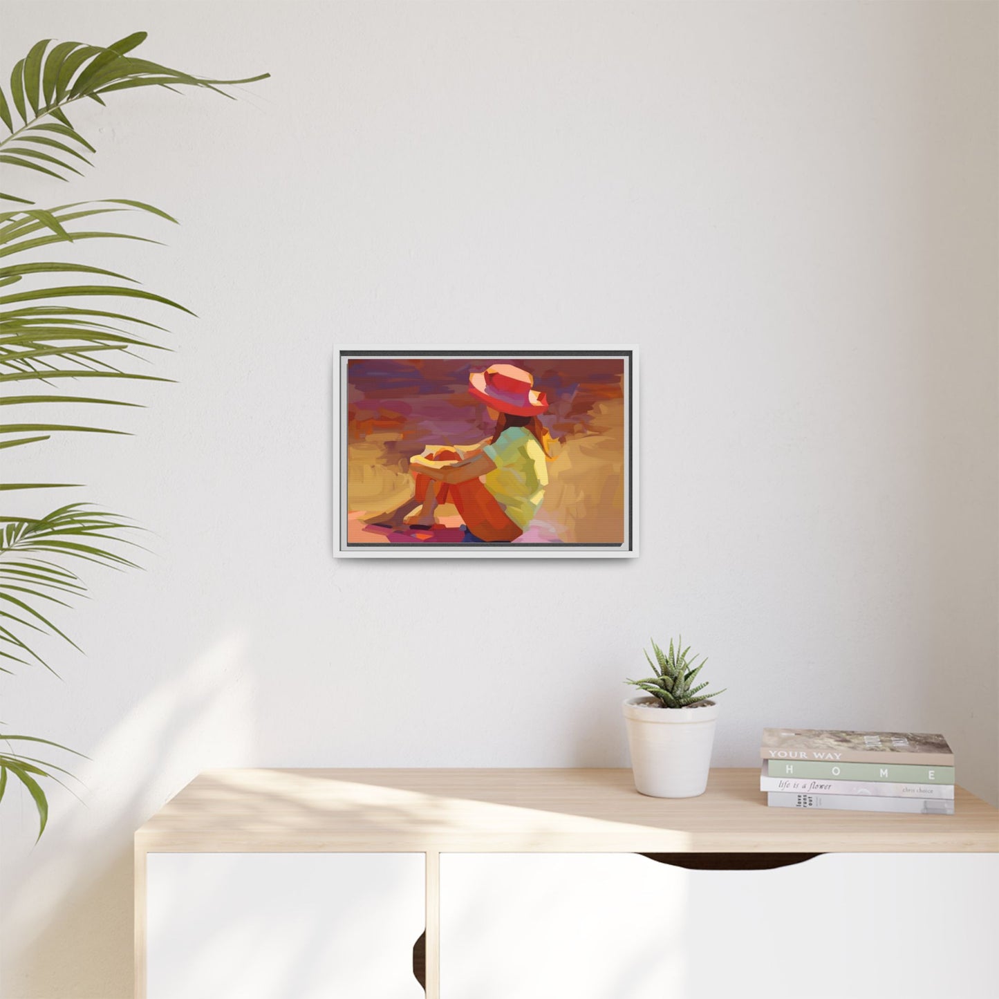 Framed Matte Canvas — Colorful Seated Girl Beach Art