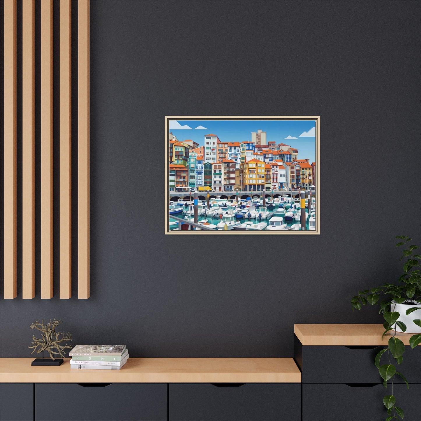 Framed Matte Canvas Print — Colorful Mediterranean Harbor Illustration