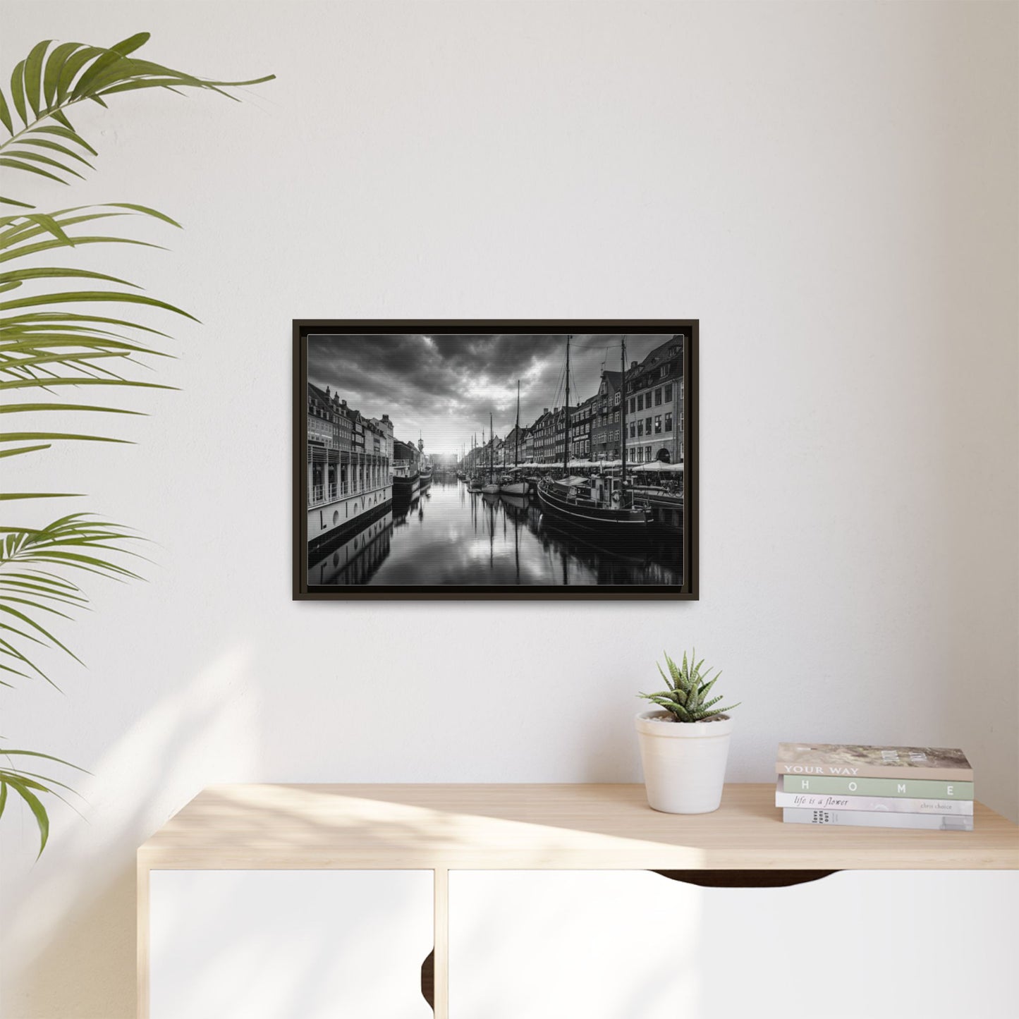 Framed Matte Canvas: Black & White Dutch Canal Photography Wall Art