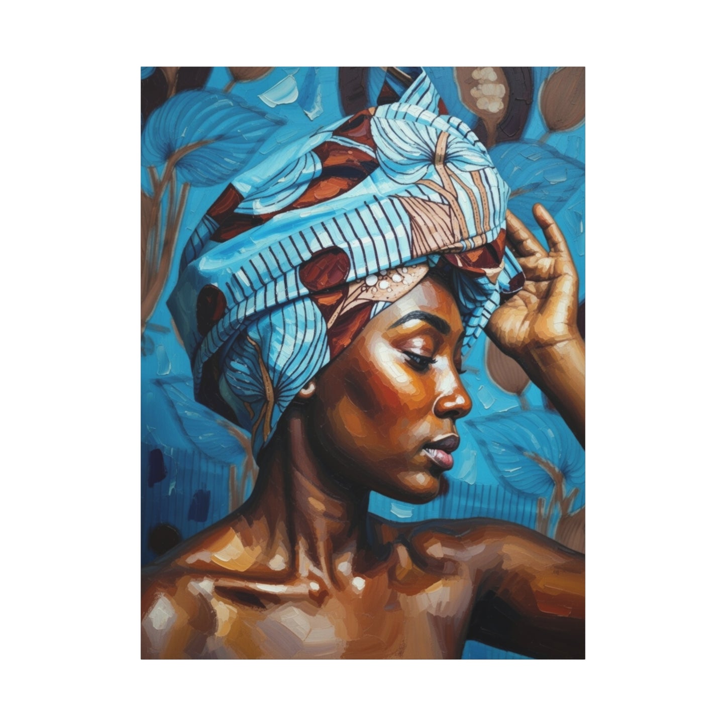African Woman Portrait Canvas Wall Art - Blue Headwrap Matte Stretched Canvas