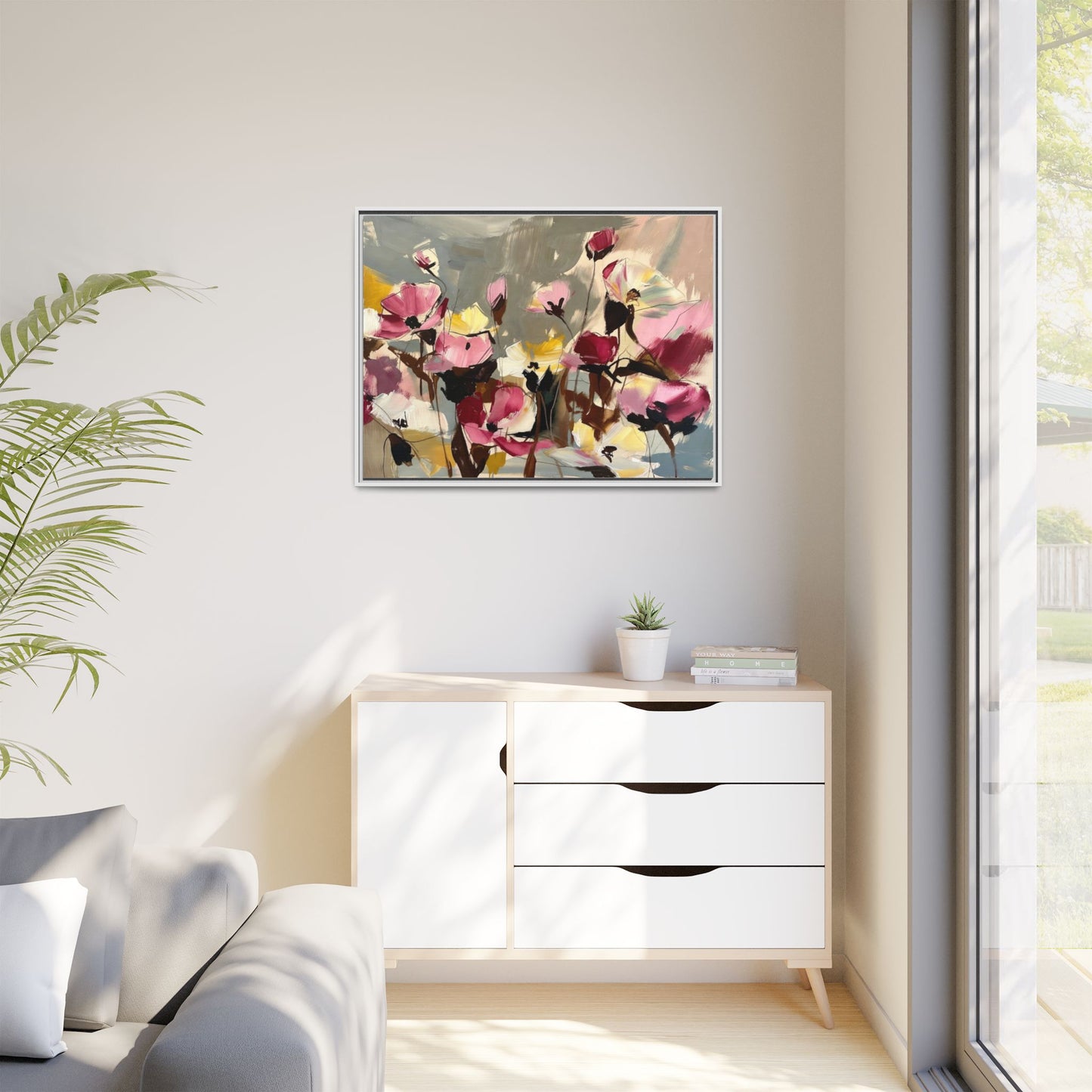 Framed Floral Canvas Wall Art — Abstract Pink & Yellow Flowers