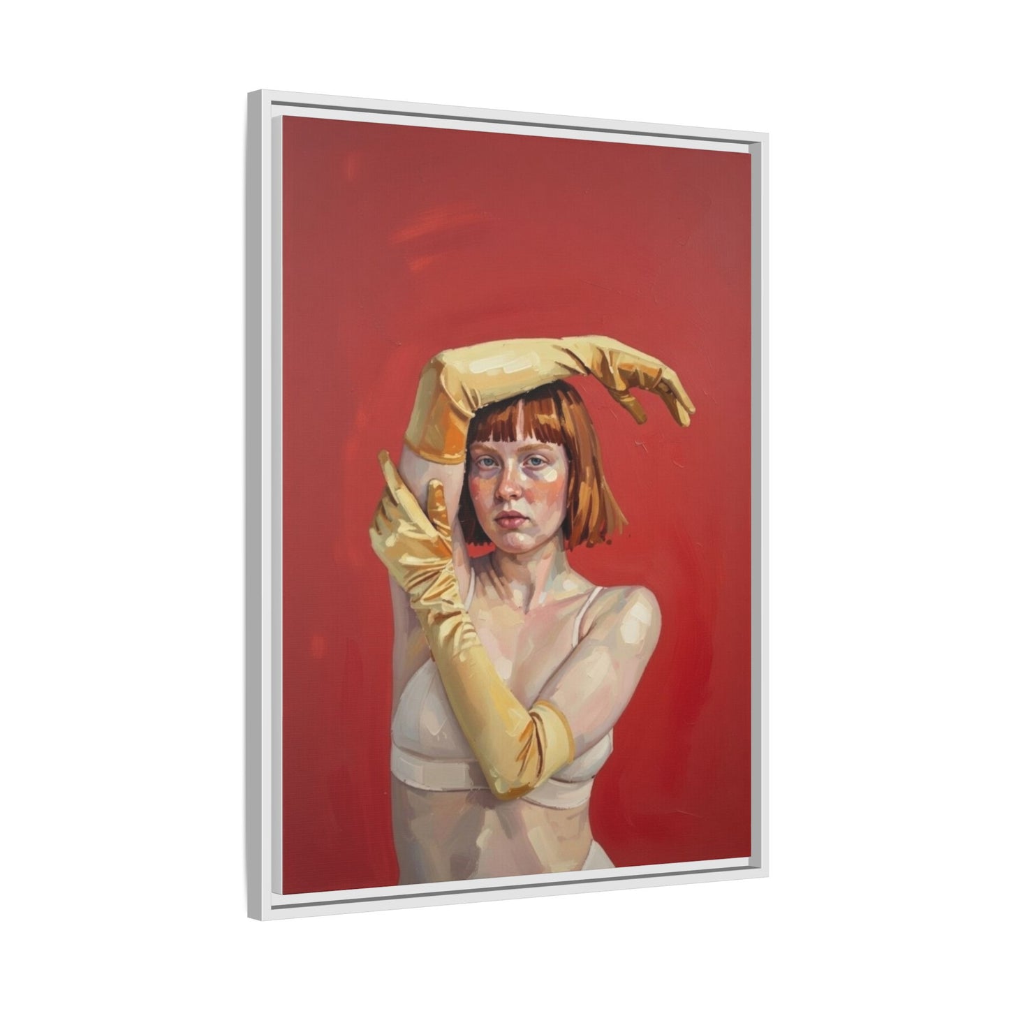 Framed Matte Canvas Art - Portrait of Woman in Yellow Gloves (Red Background)