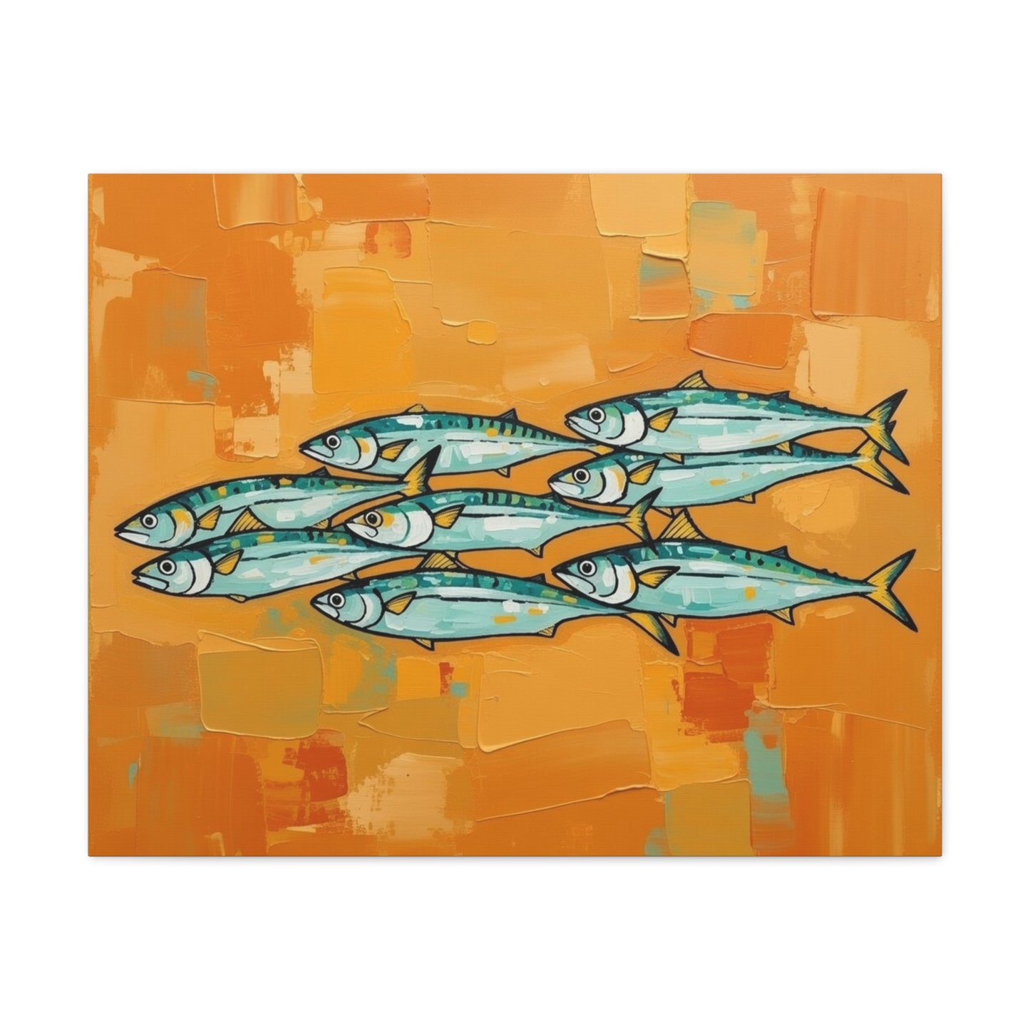 School of Mackerel Canvas Wall Art — Nautical Fish Painting on Orange Background