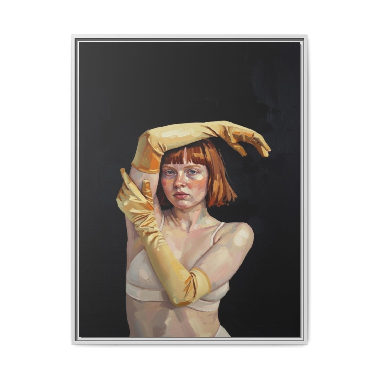 Framed Matte Canvas Art – Portrait of Woman in Yellow Gloves