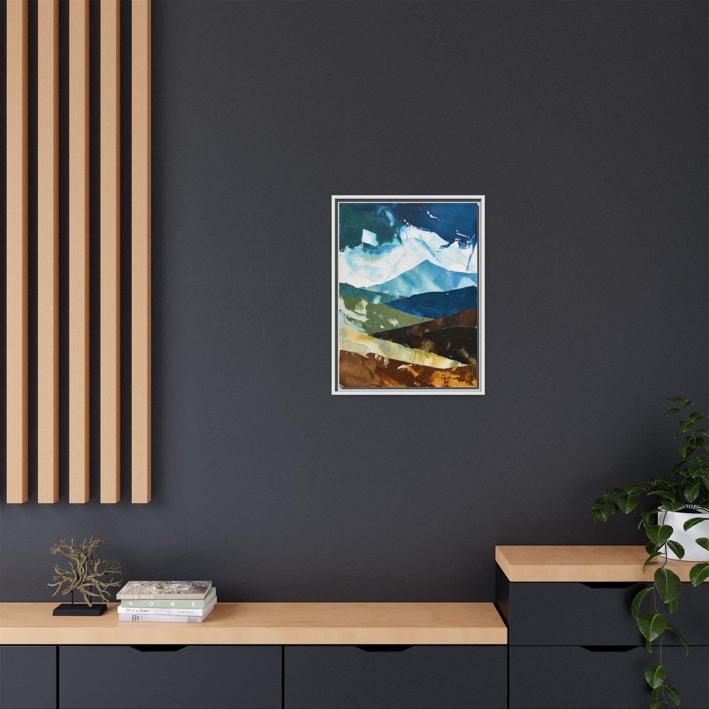 Framed Abstract Mountain Canvas Art — Blue & Earthtone Landscape Print