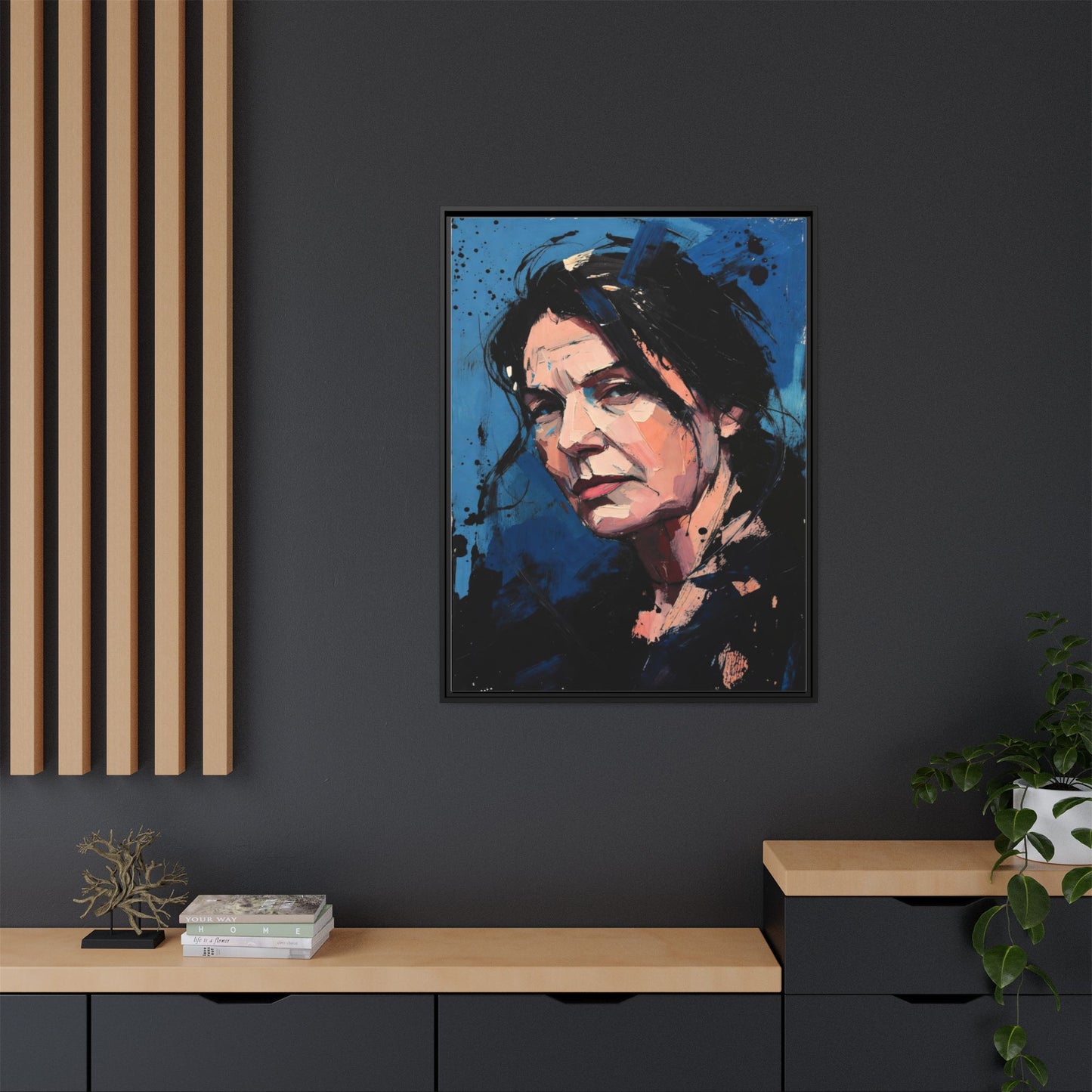 Framed Matte Canvas Portrait — Expressive Blue Painterly Woman Art