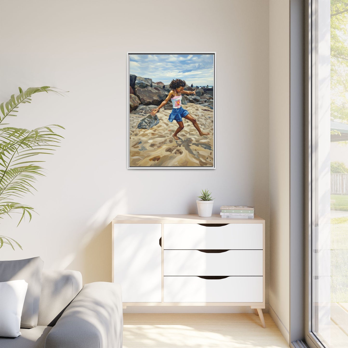 Framed Canvas Art - Girl Dancing on the Beach (Matte Multi-Color)