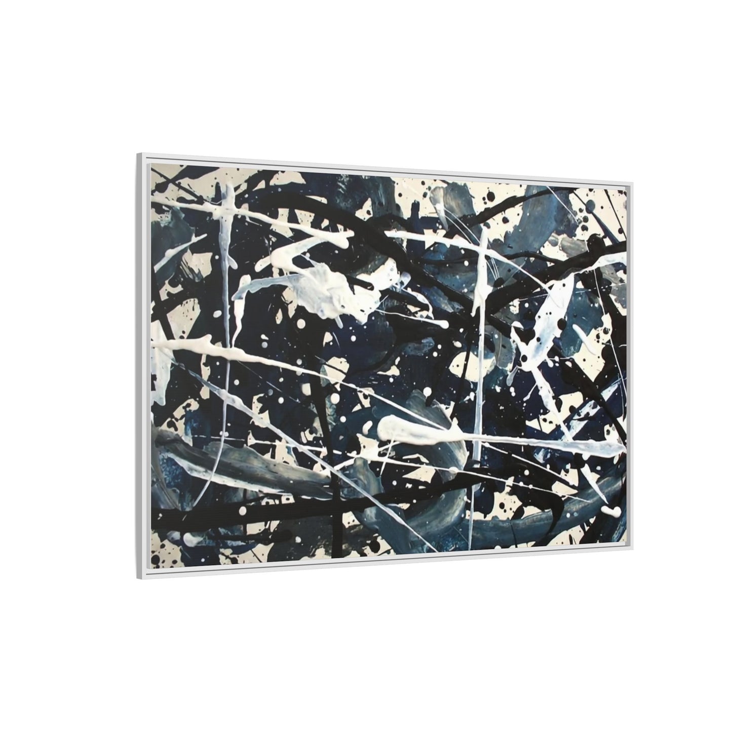 Abstract Splatter Matte Canvas Framed Wall Art — Black & Blue Modern Art Print