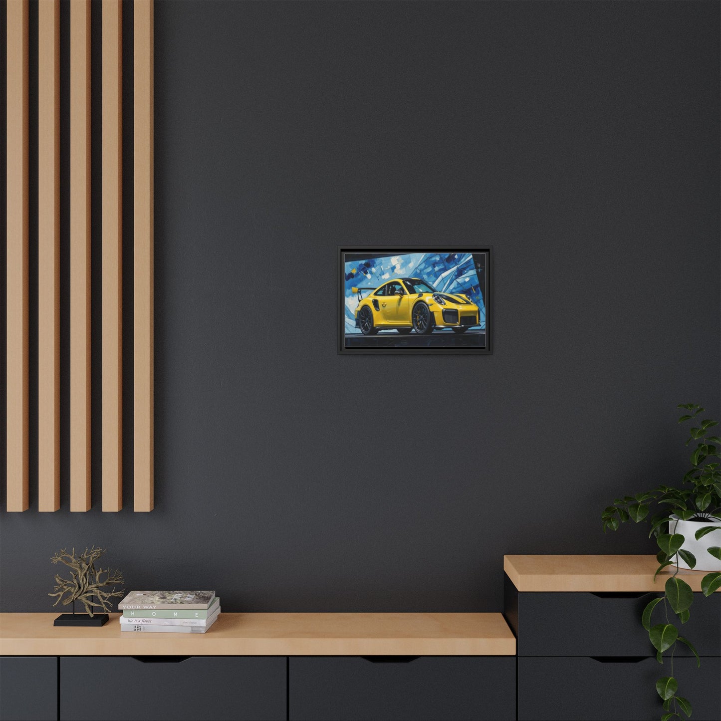 Yellow Porsche Sports Car Matte Framed Canvas – Modern Automotive Wall Art