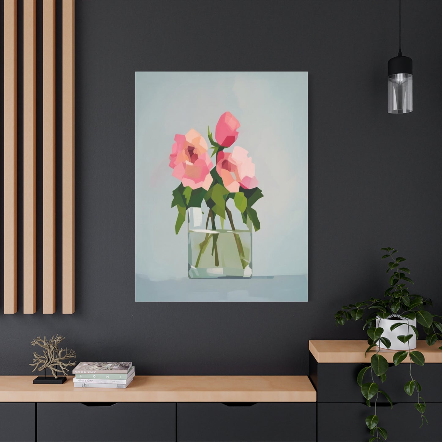 Pink Roses in Square Vase - Matte Stretched Canvas Wall Art