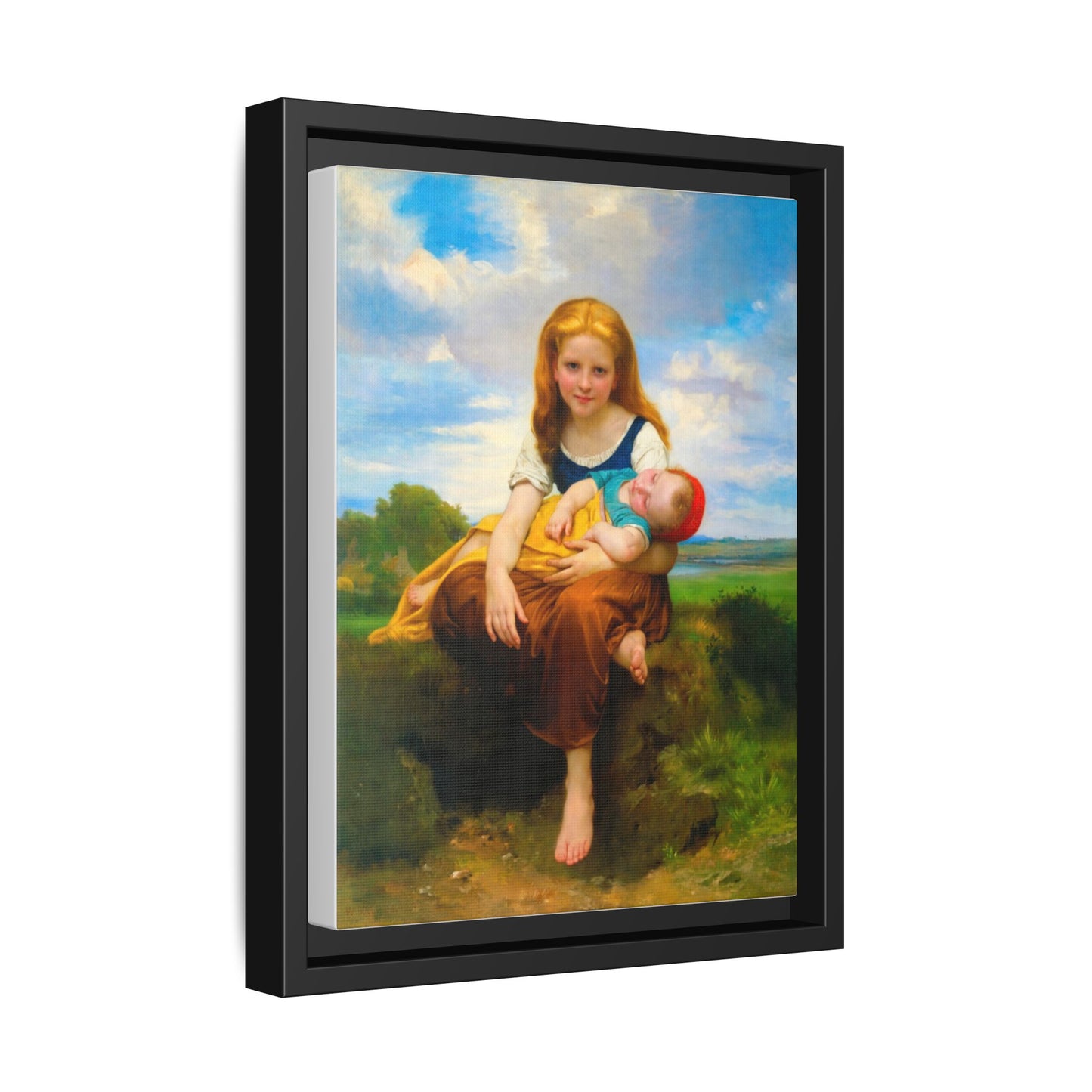 Young Girl Holding Sleeping Baby Canvas Print, Framed Wall Art