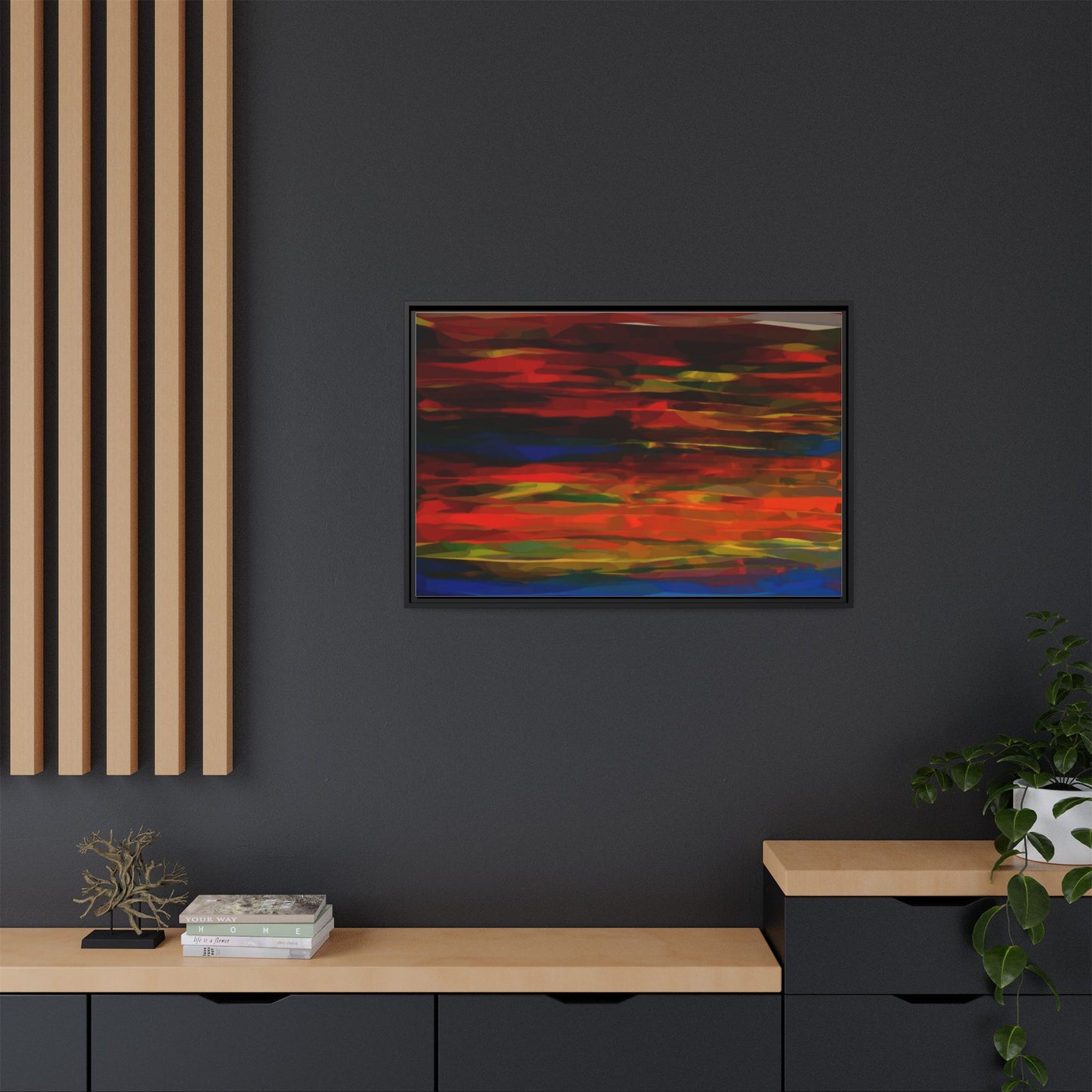 Abstract Multi-Color Matte Canvas Framed Wall Art — Bold Red & Blue Modern Painting