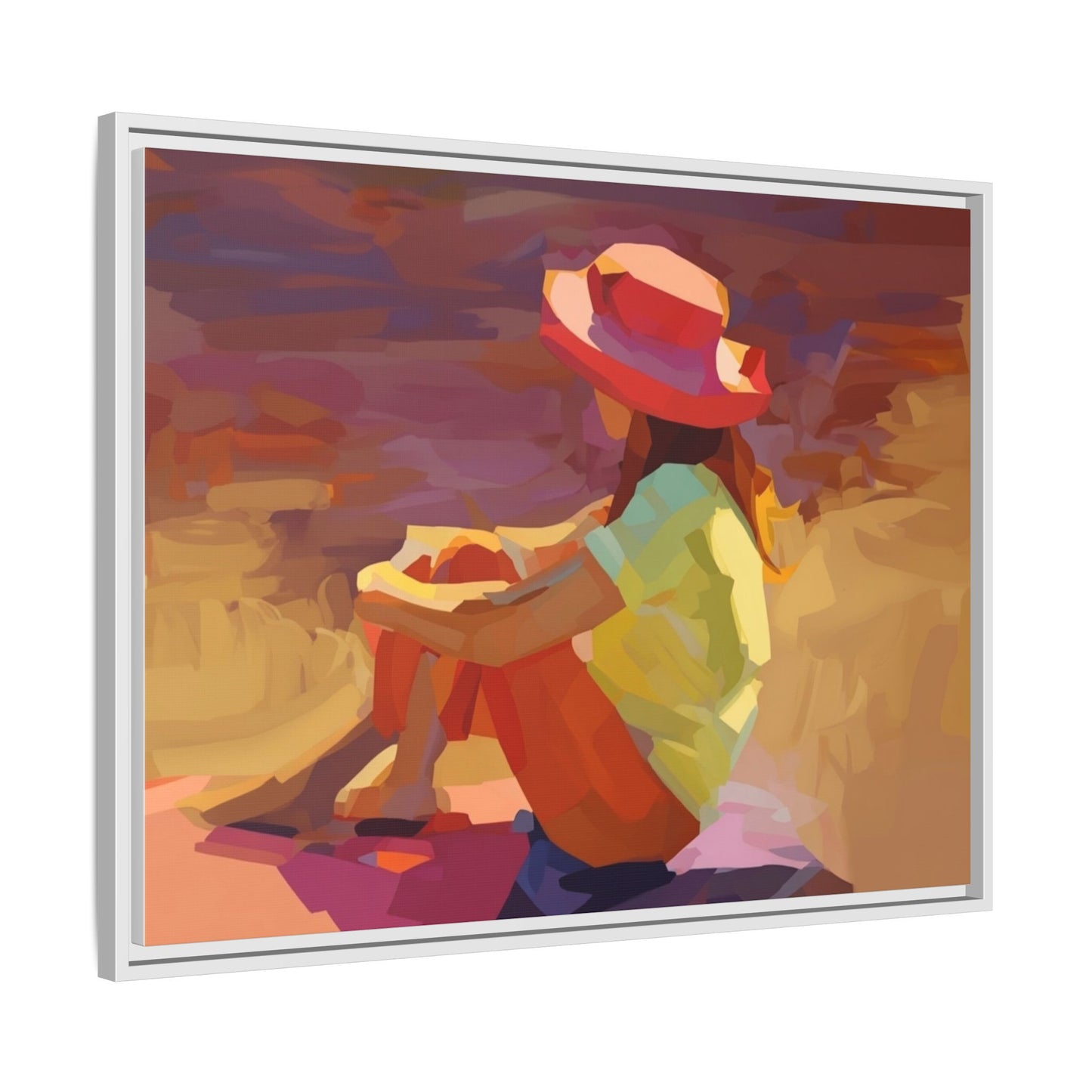 Framed Matte Canvas — Colorful Seated Girl Beach Art