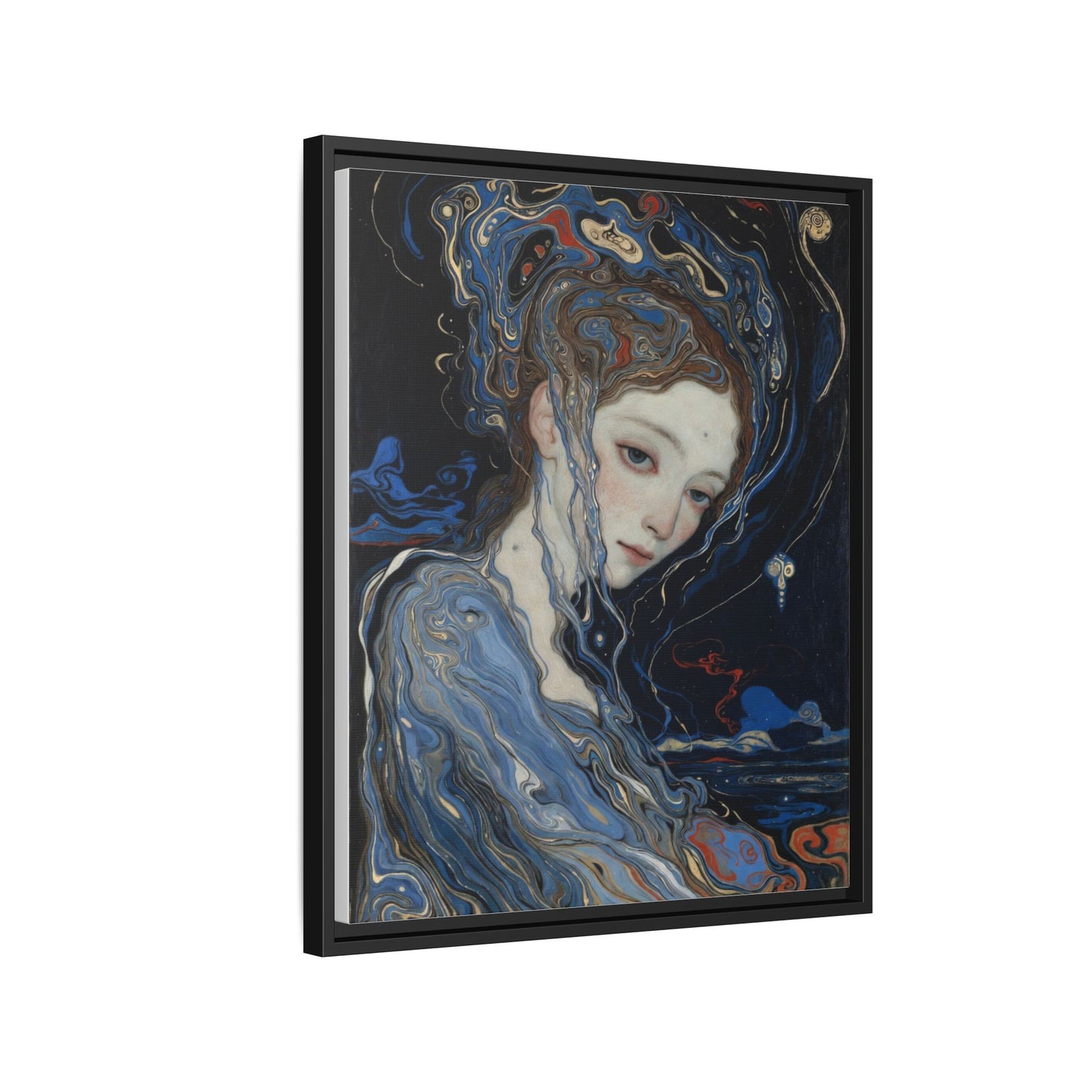 Framed Matte Canvas Art Print — Surreal Blue Maiden Portrait