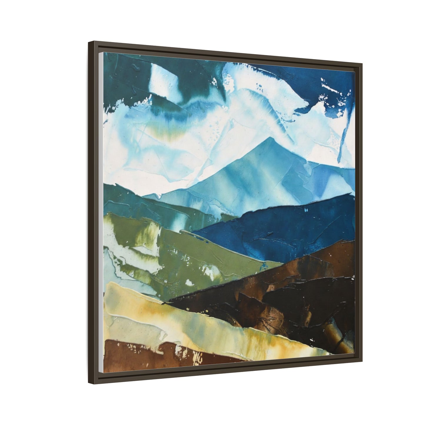 Framed Abstract Mountain Canvas Art — Blue & Earthtone Landscape Print