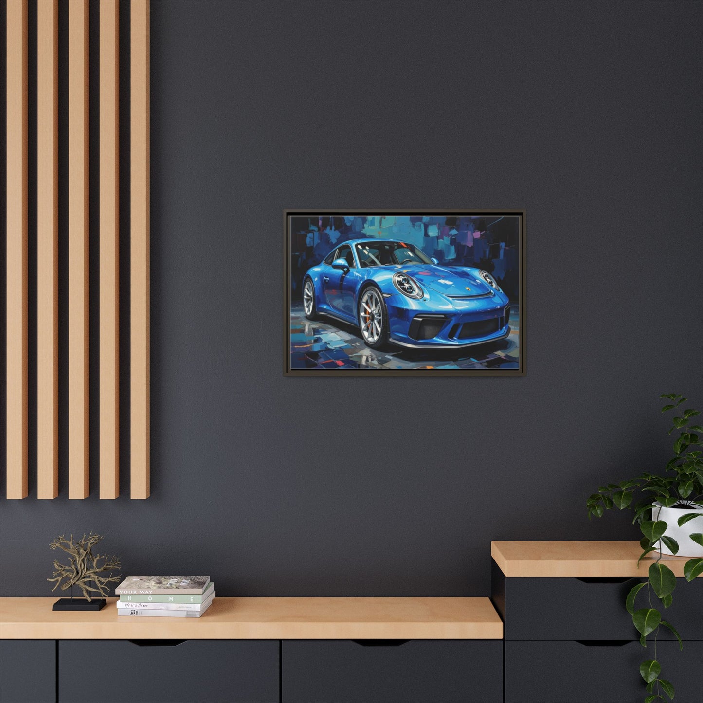 Blue Sports Car Matte Canvas Framed Print — Modern Automotive Wall Art