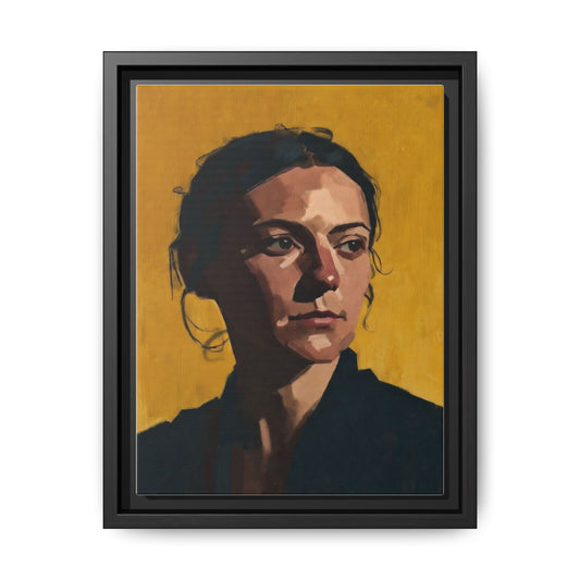 Framed Matte Canvas Portrait Art — Moody Woman on Mustard Background