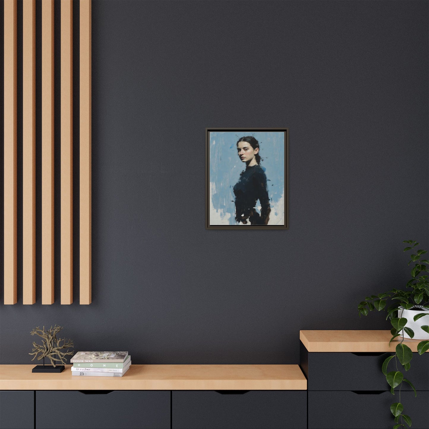 Framed Matte Canvas Portrait Print — Elegant Blue Woman Art