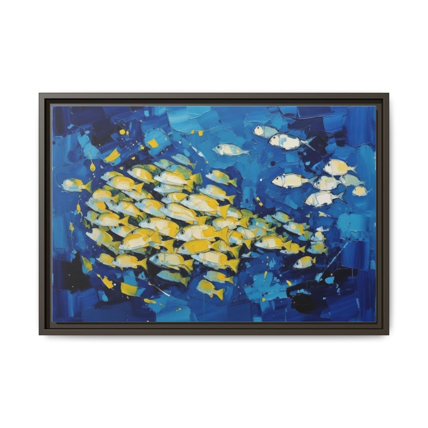 Framed Matte Canvas: Blue School of Fish Wall Art