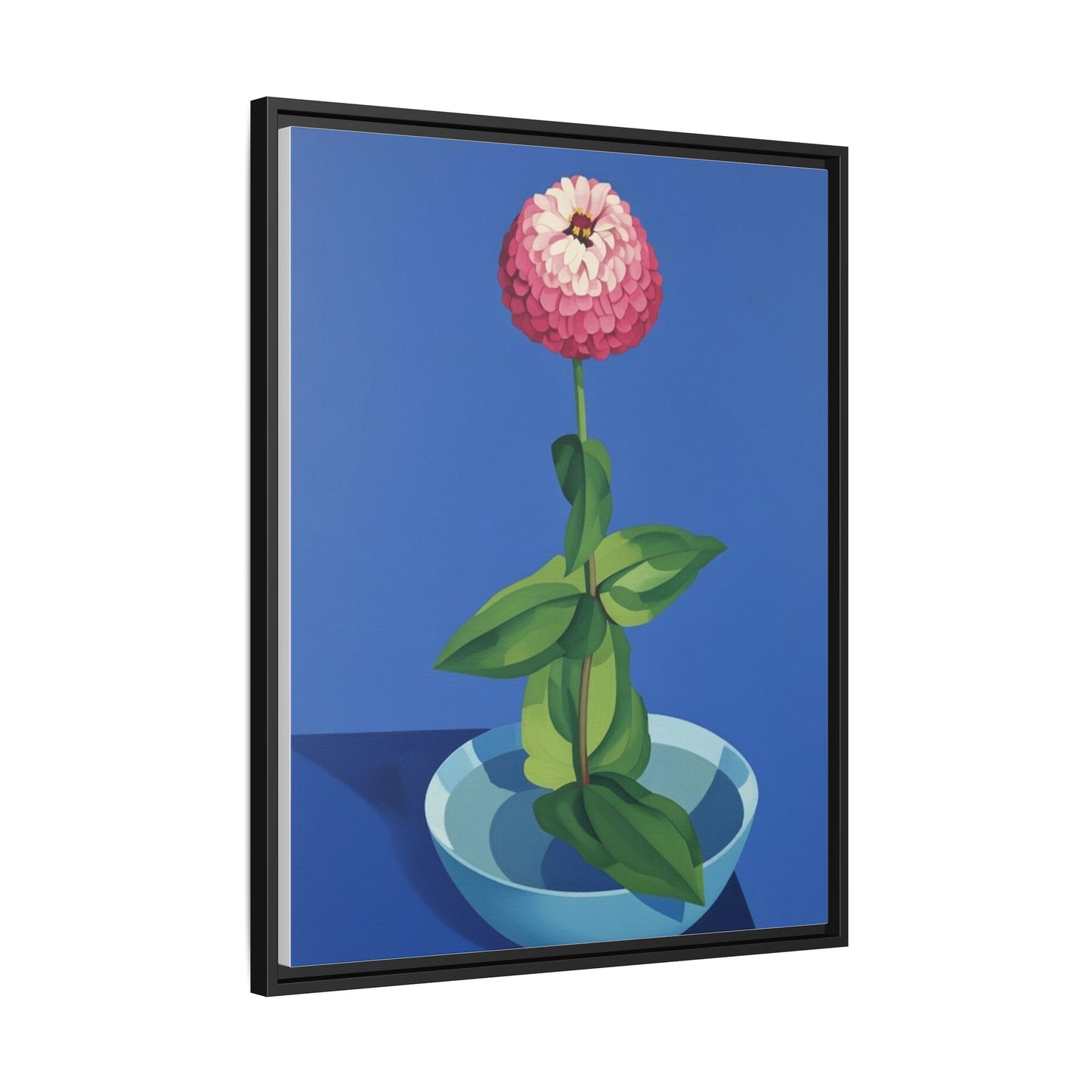 Framed Matte Canvas Art — Pink Zinnia in Blue Bowl (Botanical Still Life)