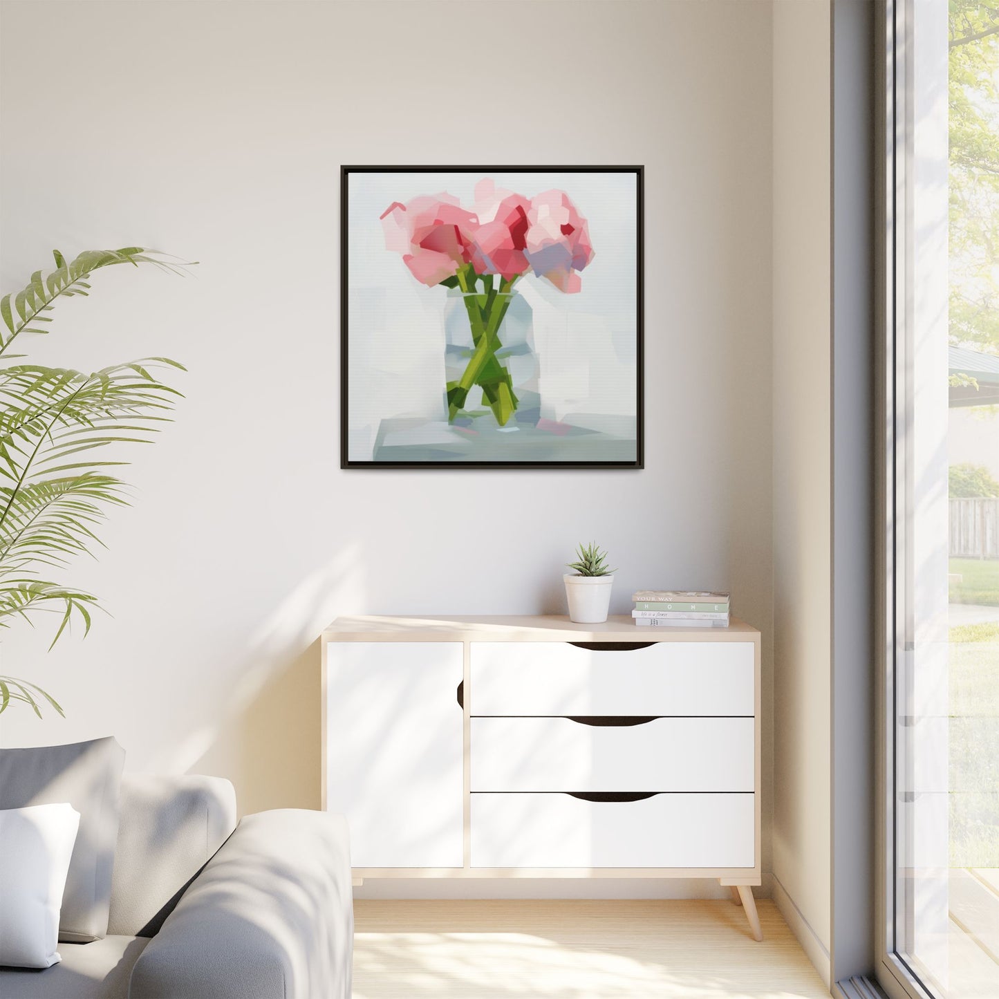 Framed Floral Canvas Art — Pink Peonies in Vase (Matte)